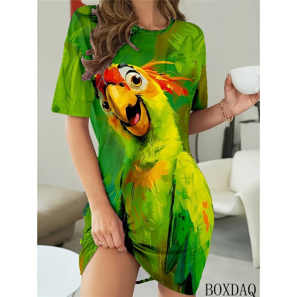 Summer Women's Casual Dresses Short Sleeved Round Neck Bird Print Loose Home Dress