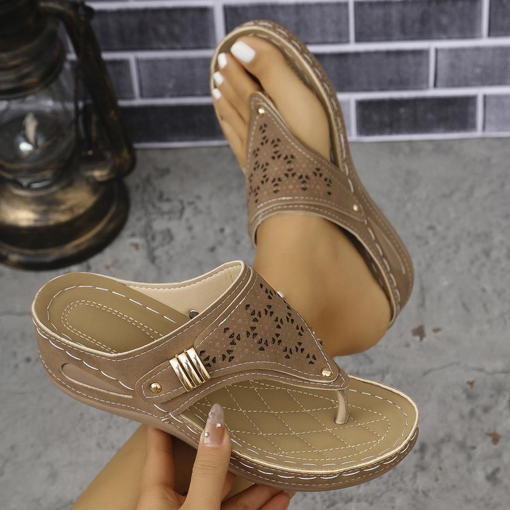 Women's Cutout Thong Sandals, Stitched Detail Wedge Slippers, Retro Platform Outdoor Slides for Women