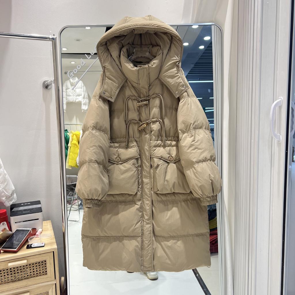 Daunenjacke Damen mittellang und lang mit Kapuze verdickt locker Winter 2024 neue Studentin weiße Entendaunen Kniejacke Flut