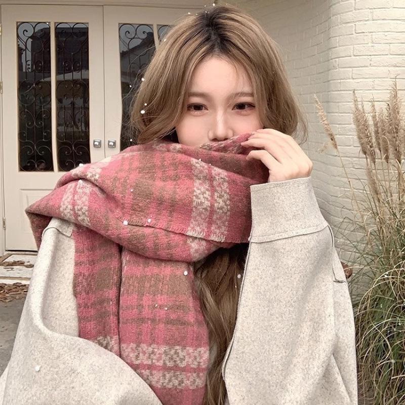 Korean Style Thick Pink Plaid Scarf for Women - Autumn/Winter Neck Warmer