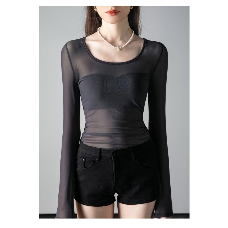 Black Mesh Top Sports Yoga Bottoming Shirt Long Sleeve Top