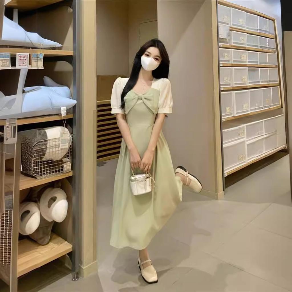 Plus Size Hepburn-style Dress, Summer New French Bow Patchwork with Plus-size A-line Mid-length Skirt