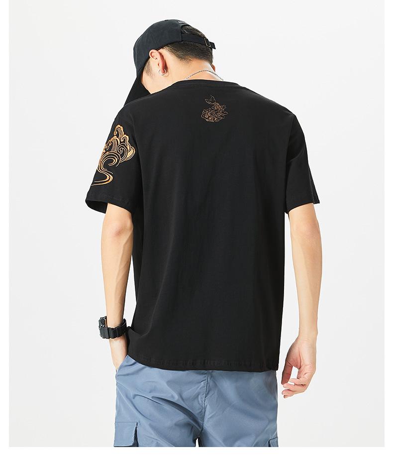 Pánské etnické bavlněné tričko s výšivkou kapra, krátký rukáv, volný střih, nadměrná velikost, styl národní vlny