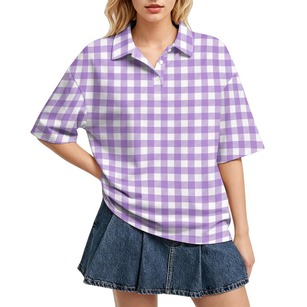 Women Casual Polo Shirt Loose Fit Short Sleeve Button Down Collar Checkered Pattern Lightweight Top for Daily Wear