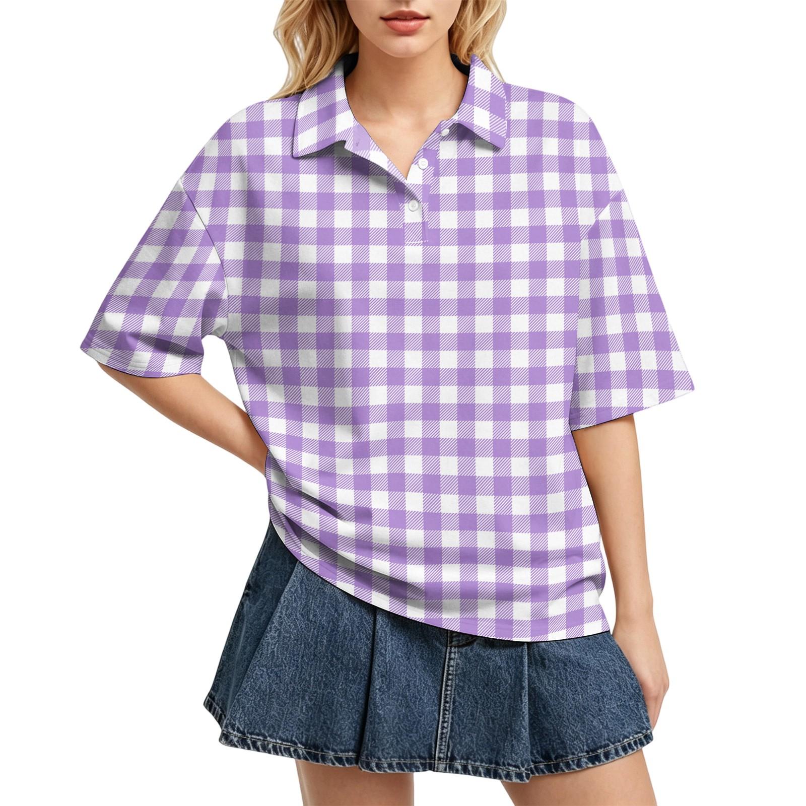 

Women Casual Polo Shirt Loose Fit Short Sleeve Button Down Collar Checkered Pattern Lightweight Top for Daily Wear XL фиолетовый