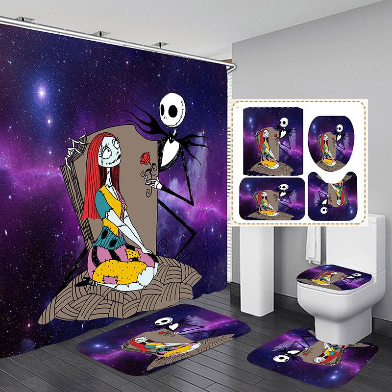 Shower Curtain 4-Piece Curtain Bathroom Non-Punching Shower Curtain Set, Halloween 3D Printed Shower Curtain