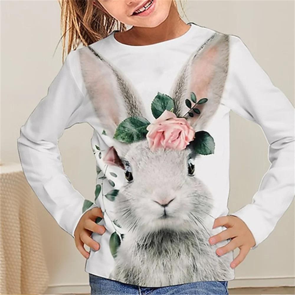 Cute Animal Rabbit Children's 3D Digital Printed Girls' Fashionable and Comfortable Round Neck Long Sleeved T-shirt