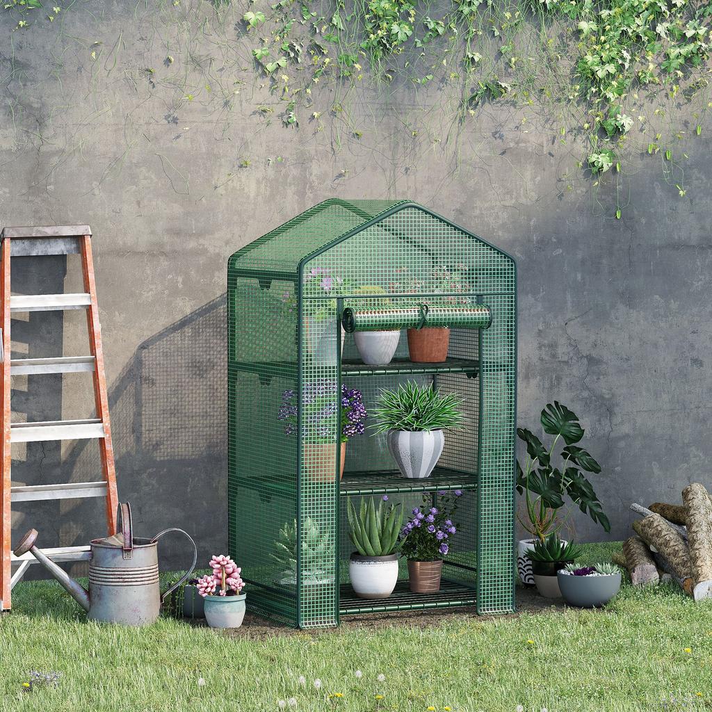 Mini Greenhouse Seedling Greenhouse with Foil Cover and 3 Shelf Levels Shelves Roll-Up Door Vegetable Bed