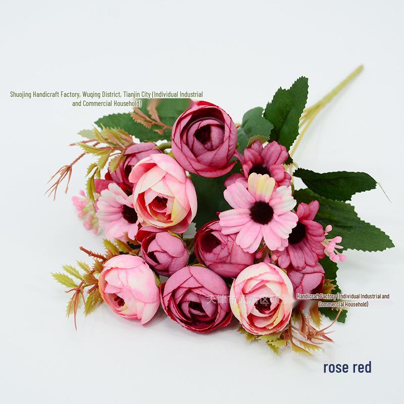 Autumn Colored 9-Head Artificial Tea Rose Bouquet for Wedding & Table Decoration