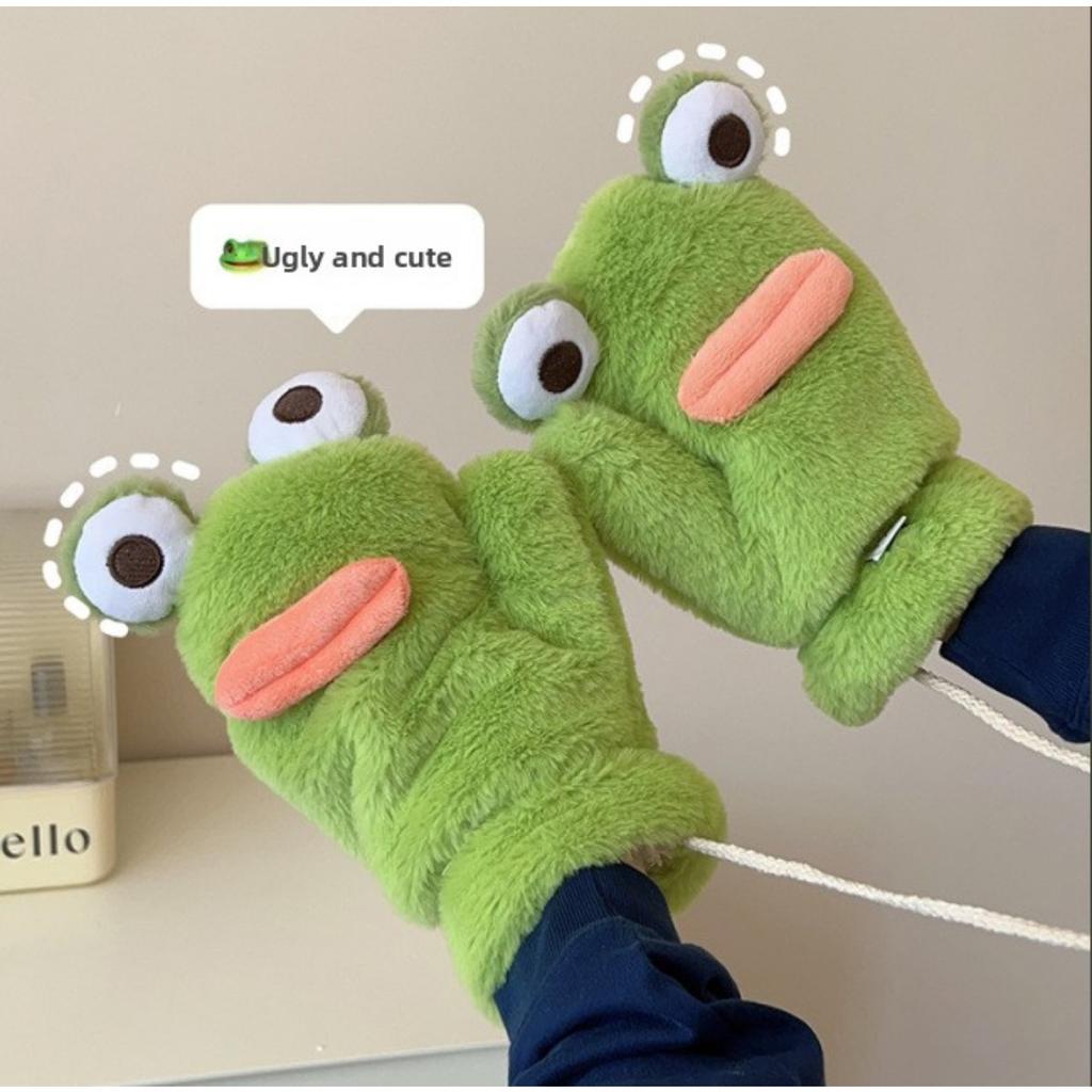 College Style Cartoon Gloves with Thick Windproof and Warm Fur for Autumn and Winter, Casual Plush Cute Teddy Bear with Fingers Hanging Around Neck