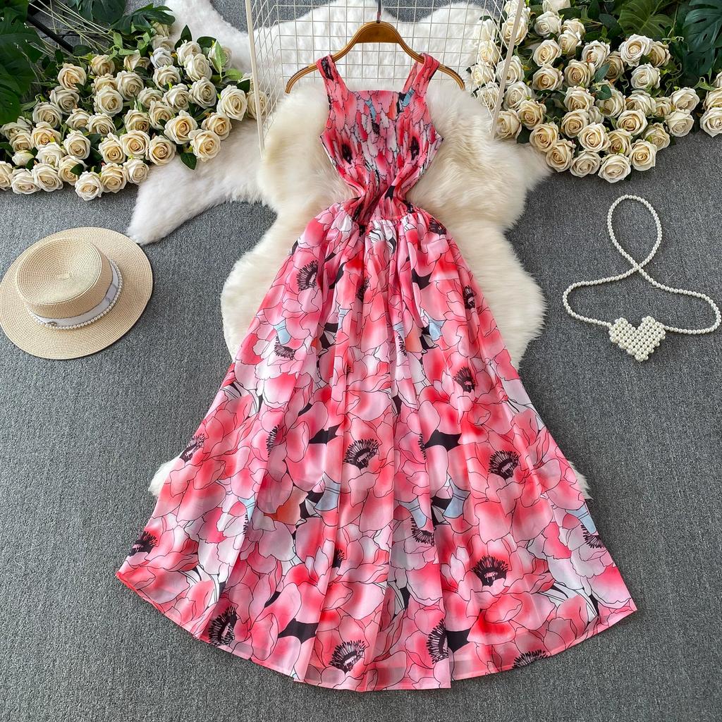 Charming and Elegant Vacation-Style Square-Neck Spaghetti-Strap Dress for Women Summer Dopamine Print A-Line Maxi Dress