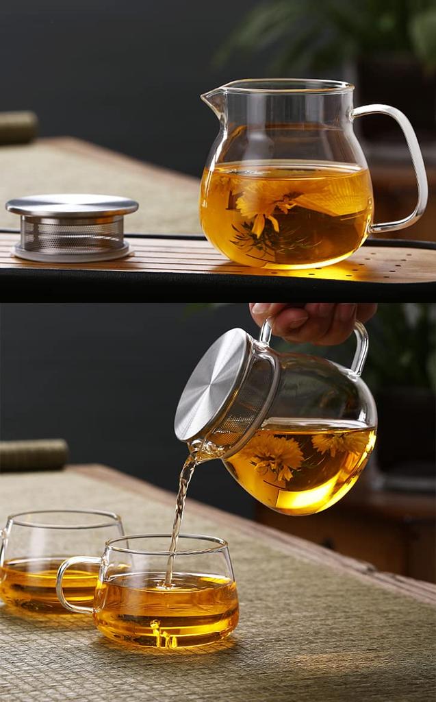 Desirable Jumping Leaf Pot, stovetop safe, with measuring scale, heat-resistant glass, microwave and dishwasher safe, coffee server (660ml teapot)