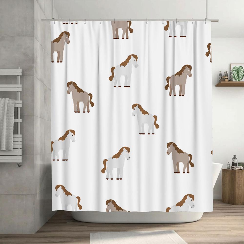 Animal Print Shower Curtain: Horse Design For Bathroom Decor Waterproof Fabric With Hooks Included (White, Brown Horses)
