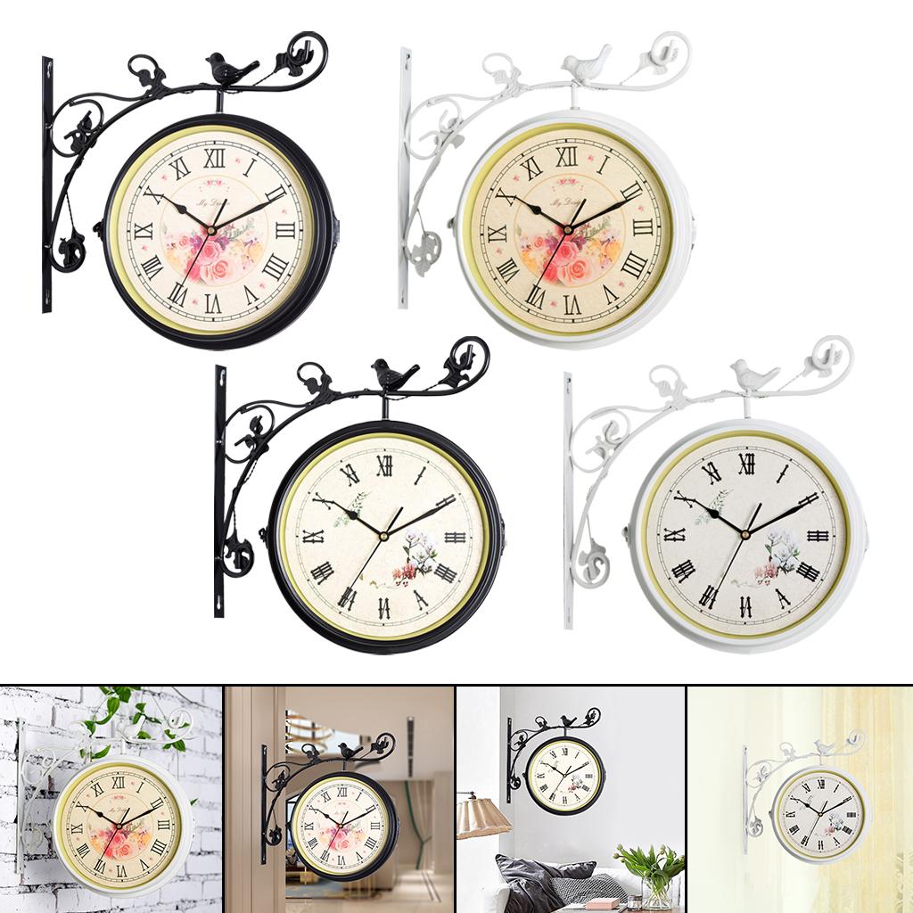 Iron Double Faced Retro Wall Hanging Clock Garden Decor, Pointer and Roman Number Dial