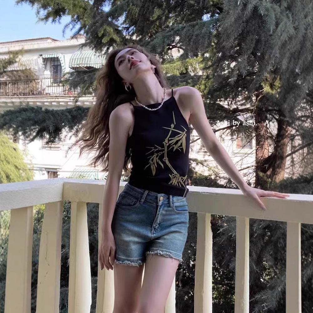 

Женская летняя майка в китайском ретро-стиле из бамбука: Утягивающий, Универсальный Топ-бандо One Size [Recommended up to 125 lbs] чёрный