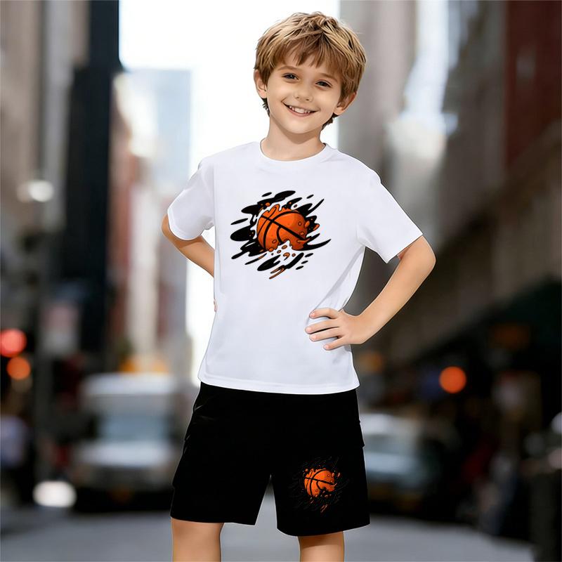 

Boys 2 Piece Basketball Pattern Printed Outfit, Short Sleeve T-Shirt and Shorts Set for Kids Age 5-14, Black and White Sporty Casual Summer Clothes 13-14 Years білий