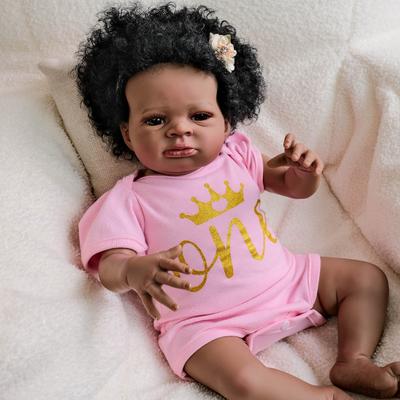 19 Zoll Reborn-Babypuppe Lanny mit weichem Stoffkörper, afrikanische Amerikanerin, dunkle Haut, Neugeborenenpuppen, lebensechte, handimplantierte Wiedergeburtspuppen mit lockigem Haar für Kinderspielzeug