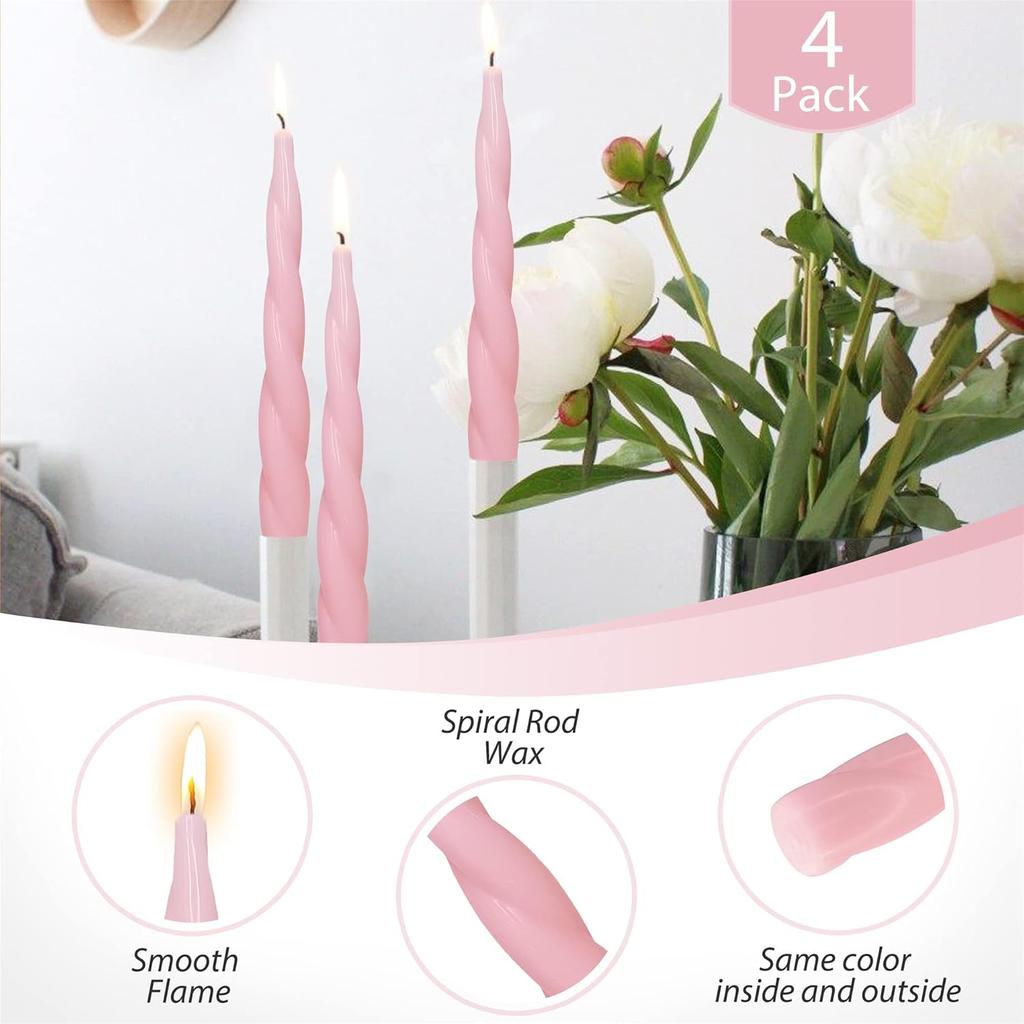Spiral Taper Candle Short Candlesticks,4pcs Pink Tapered Candles Blend Twist Candles for Home Décor Weddings Festive Gifts