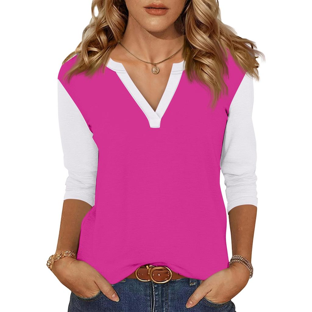 Women's Casual Fashion Sexy Comfortable V-neck Stitching Color Three-quarter Sleeve Top