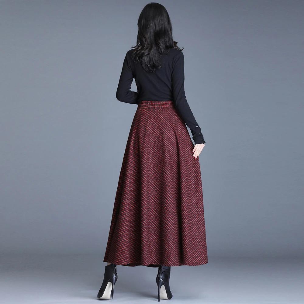 Automne Hiver Femmes Jupes Carreaux Vintage Femmes Taille Haute Chaud A-Line Jupe Plissée Bureau Élégant Jupe Maxi Femme