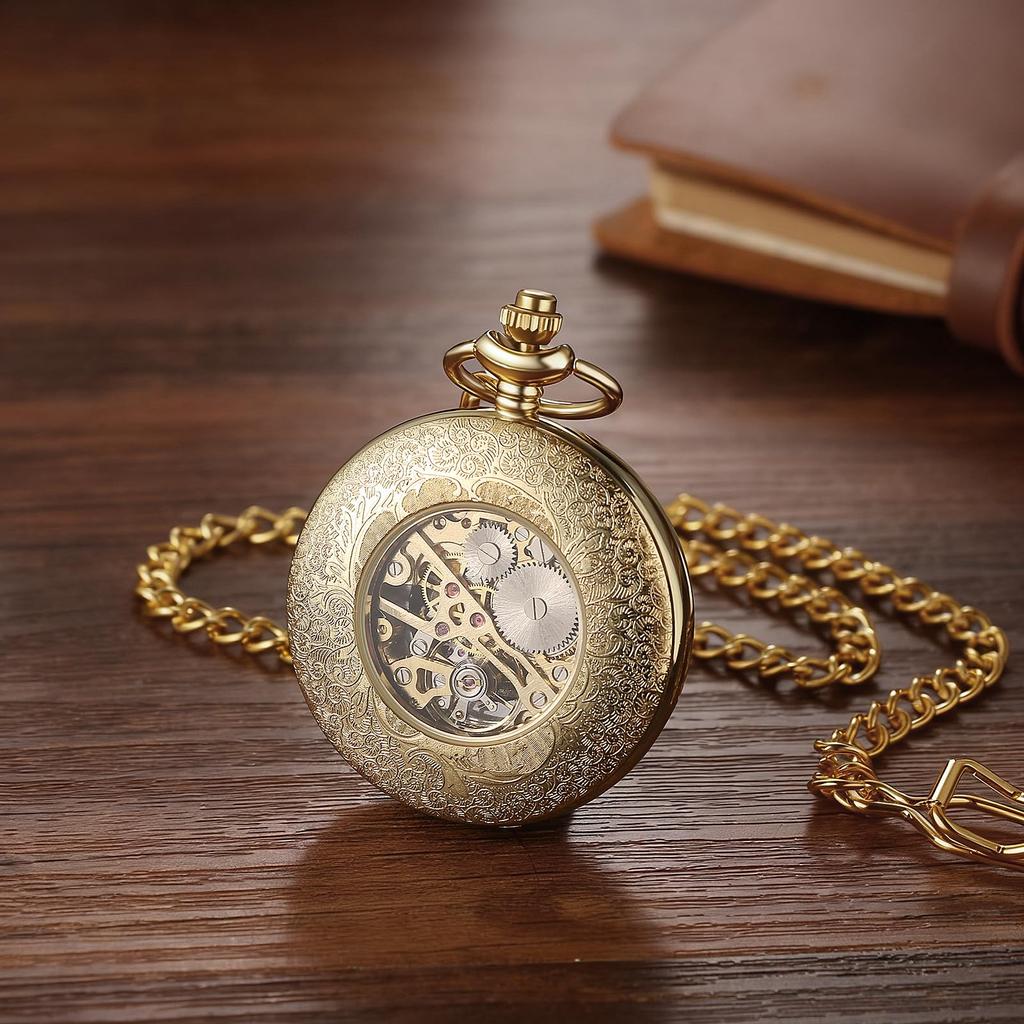 Antique Mechanical Automatic Pocket Watch, Silver: Skeleton Roman Numerals, Analog, Retro Pendant Watch with Gold Chain - Perfect Gift for Birthdays,