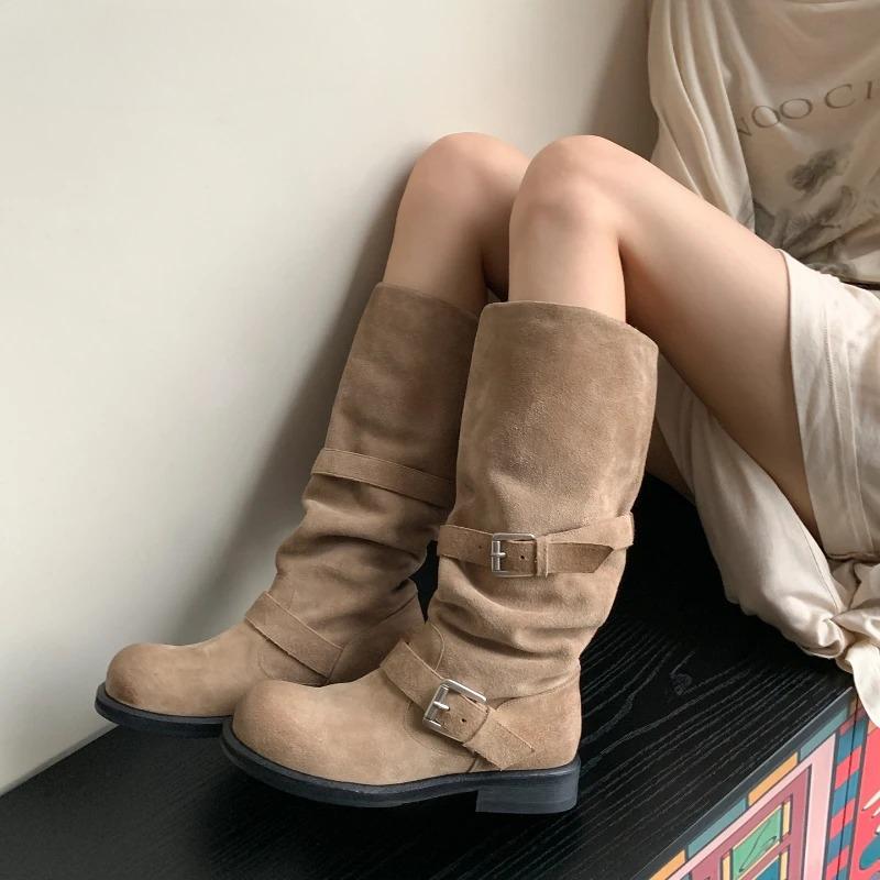 Autumn Winter Thick Heels Women Western Cowboy Boots Fashion Belt Buckle Shoes Female Pleated Long Booties Zapatos De Mujer