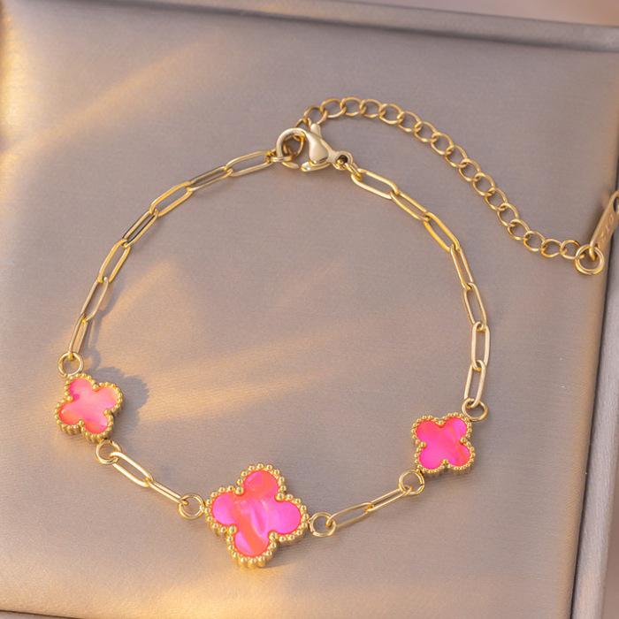 18K Light Luxury Titanium Steel Clover & Triple-Flower Bracelet with Mother-of-Pearl for Women
