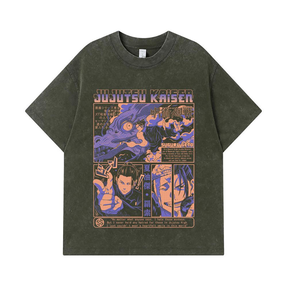

275 GSM Washed T-shirts 100% Cotton Jujutsu Kaisen V13 Geto Print Unisex Heavy Cotton T Shirt S армия зеленый