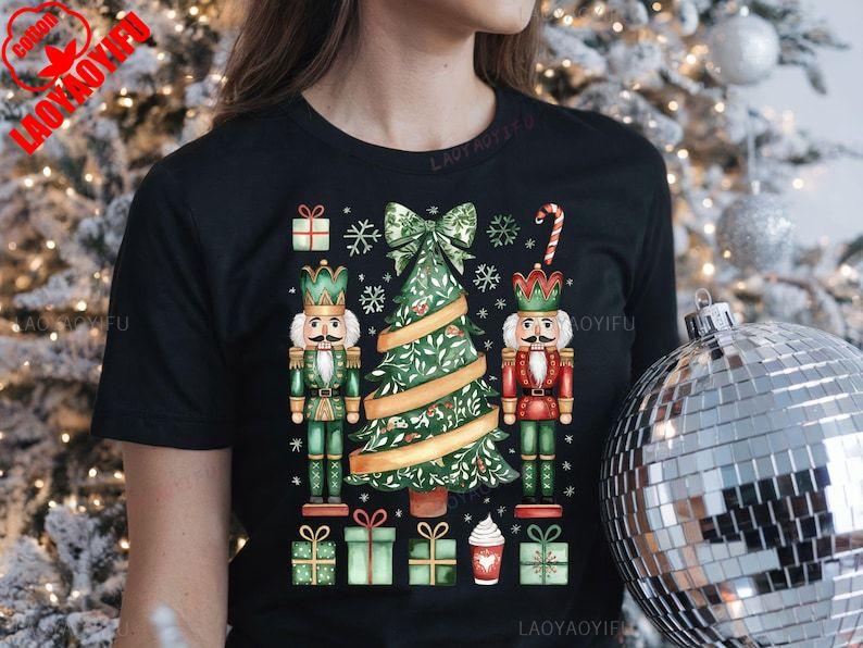 Skurrile Weihnachts-Leprechauns Nussknacker-Freunde Retro Grün Damen T-Shirt Süße Cartoon-Oberteile T-Shirt Baumwollhemd Kurze Oberteile