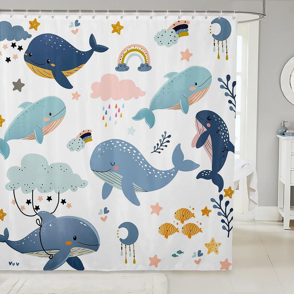 Cartoon Bathing Animal Print Shower Curtain Cute Cats Whale Unicorn Hand-Painted Graffiti Kid Child Bathroom Decor Bath Curtain