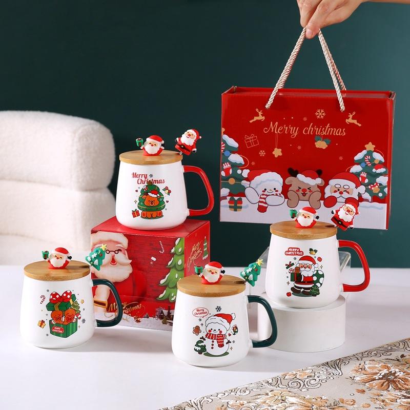 Christmas Mug Gift Box with Lid and Spoon Set Ceramic Cartoon Santa Claus Pattern Coffee Cup Children Gifts Office Home Supplies