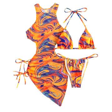Three-piece set hollow tie drawstring mesh skirt, bikini printed swimsuit for women S оранжевый