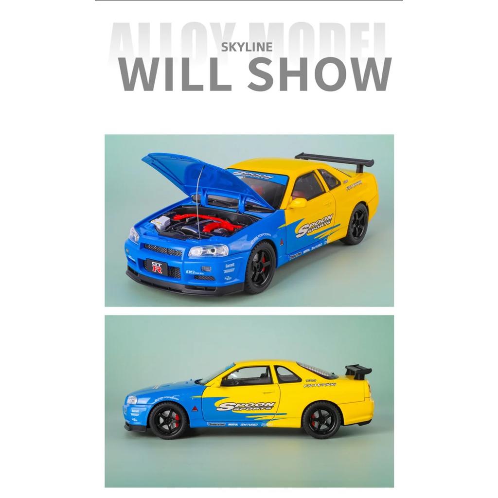 1/18 Nissan Skyline Ares GTR GT-R R34 Alloy Track Sports Car Model Diecast Metal Racing Car Vehicle Model Sound and Light Kids Toy Gift