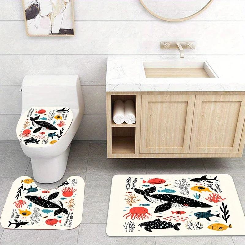 4 Stück, Cartoon Kleiner Fisch Duschvorhang Set, Verschiedene Kleine Fische, mit 12 Haken, Polyester Stoff, mit Badezimmer Anti-Rutsch
