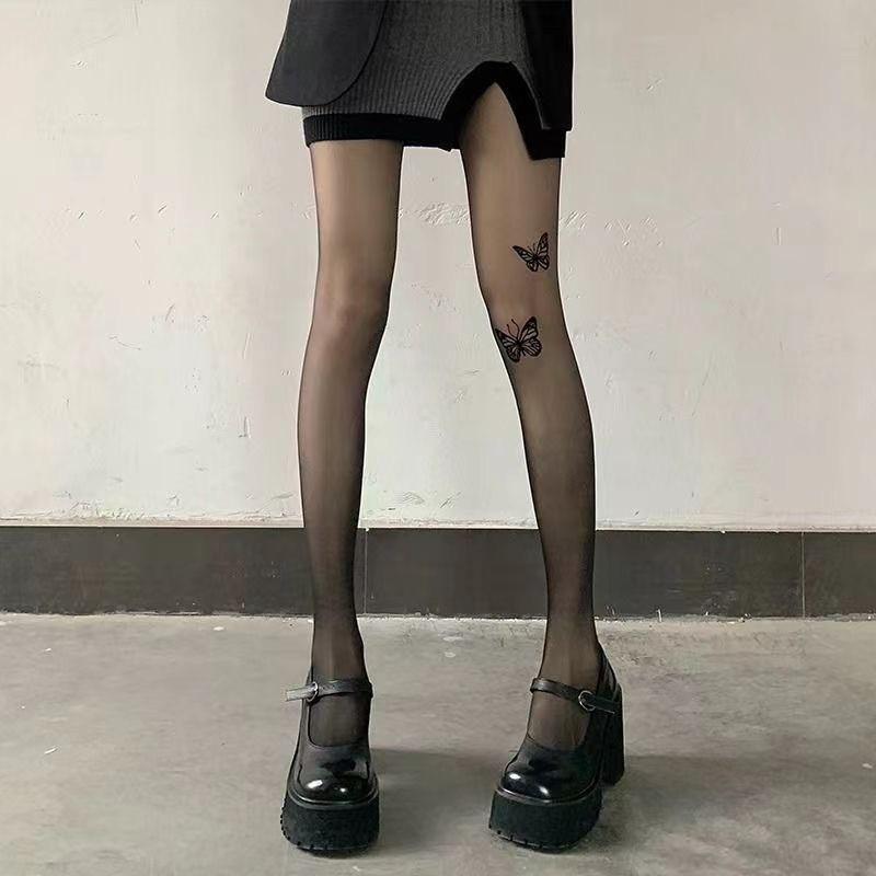 

Women Fake Tattood Stockings Korean Bow Printed Silk Tights Sexy Print Pantyhose Japanese Lolita Jk Cosplay Party Black Tights One Size