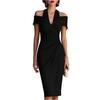 Women's Elegant V Neck Off Shoulder Ruched Waist Bodycon Midi Dress with Detailing for Evening Party Cocktail Events