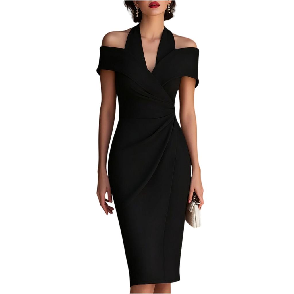 Women's Elegant V Neck Off Shoulder Ruched Waist Bodycon Midi Dress with Detailing for Evening Party Cocktail Events