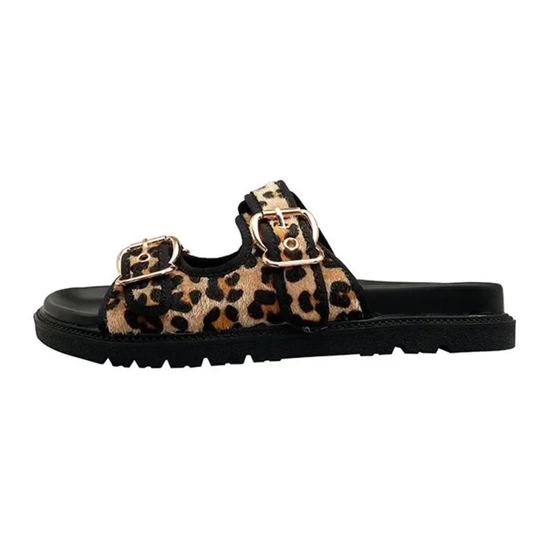 Leopard Metal Buckle Design Women Slippers Sexy Comfort Non Slip Slide Sandals 2025 Summer Platform Flip Flops