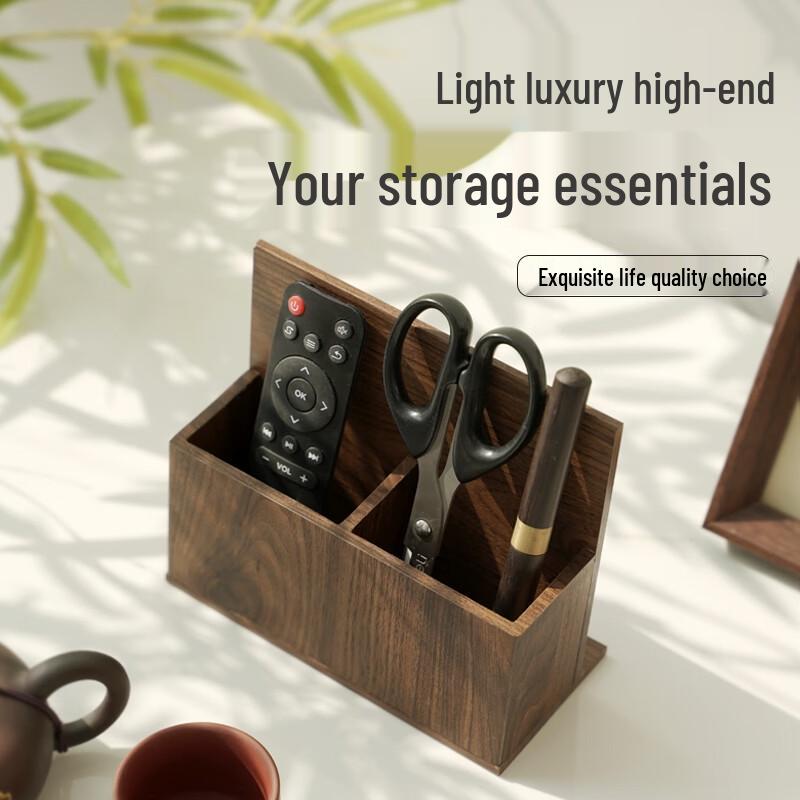 Light Luxury Walnut Wood Double Compartment Remote Control Organizer