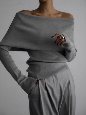 Damen Langarm Strick Basishemd Herbst Winter Büro Dame Pullover Eine Schulter Sexy Slim Fit Off Shoulder Top