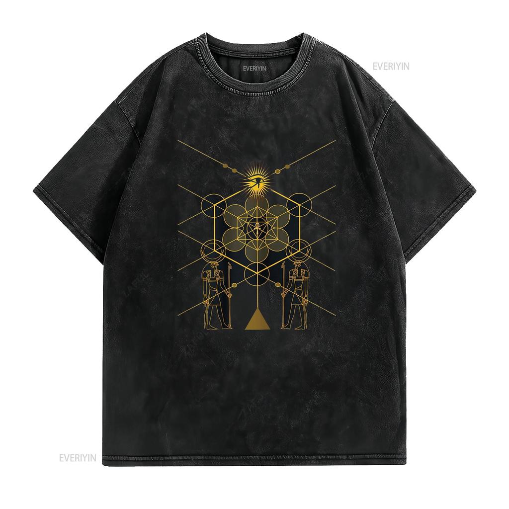 Sacred Geometry Science Egyptian HORUS HERU T Shirt Vintage Washed Homme Top For Everyday Wear Unisex Casual Slightly Stretched