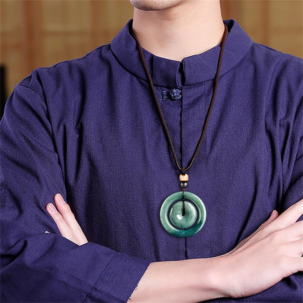 Natural Green Jadeite Carved Double Round Buckle Lucky Pendant Amulet Necklace Luxury Jade Vintage Trendy Jewelry