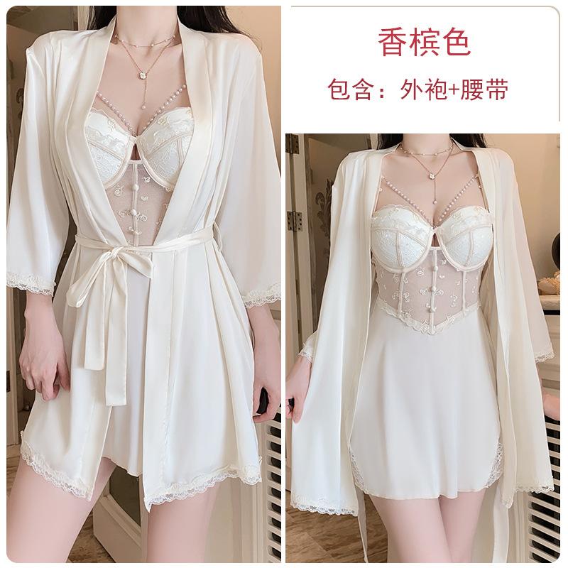 Pure Desire Mesh Gathering Plus Chest Pad Perspective Temptation Hollow Backless Nightdress Robe Loungewear Set