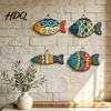 Distressed Nautical Wall Hanging 4PCS Coastal Themed Fish Decoration Bohemia Colorful Pattern Print Rustic Wood Decorations Plaques Decorative