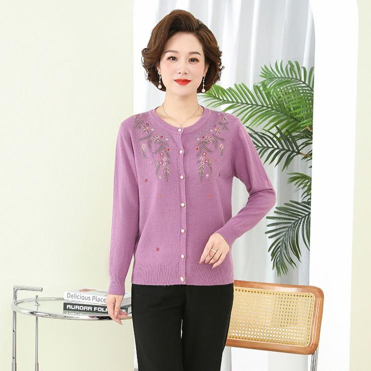 Women's Crew Neck Wool Cardigan Autumn/Winter Loose Fit with Rhinestone Embroidery Knit Cardigan Top