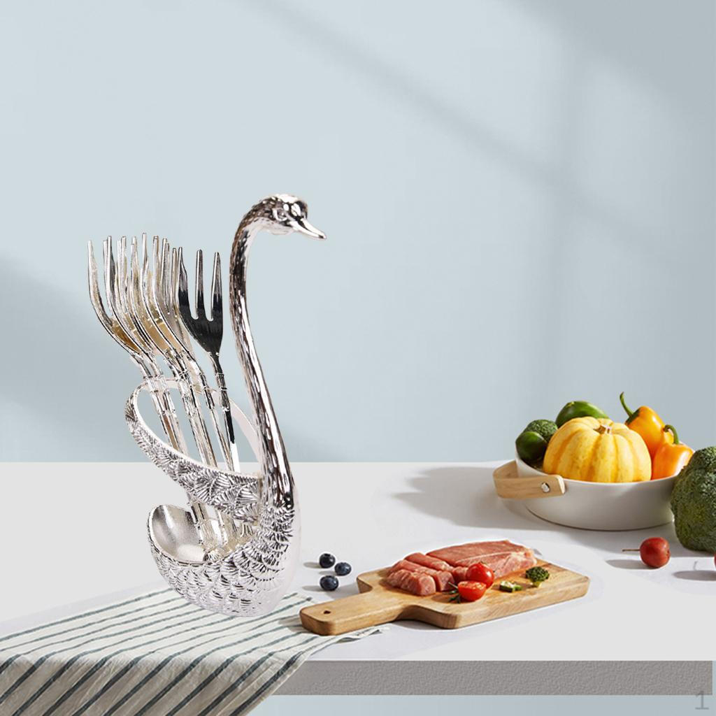 

Набор столовых приборов Лебедь 6 вилок Креативный сплав цинка Декоративные подарки Держатель Стойка для хранения Столовые приборы Fork-Silver