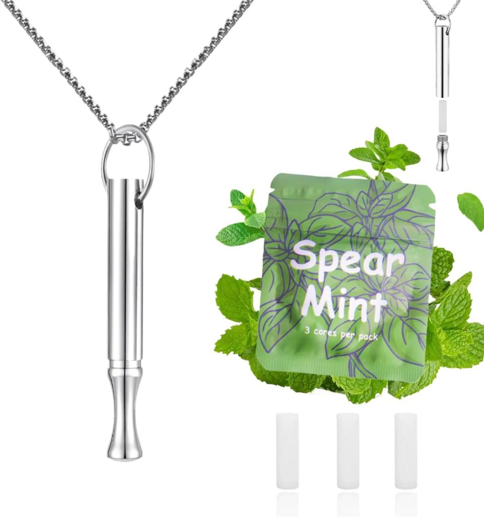 Breathing Necklace to Quit Smoking and Vaping with Refillable Mint Pods Stainless Steel Stop Smoking Aids Fidget Necklace for Anxiety Relief Smokeless