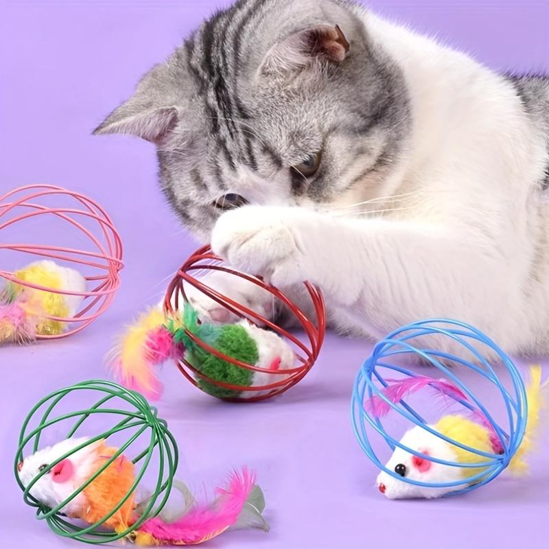

Fun Interactive Cat Toys, with Real Feather Tails-endless Fun Cage Mouse Cat Teaser, Durable Fabric Materials, Cat Interactive Toys.
