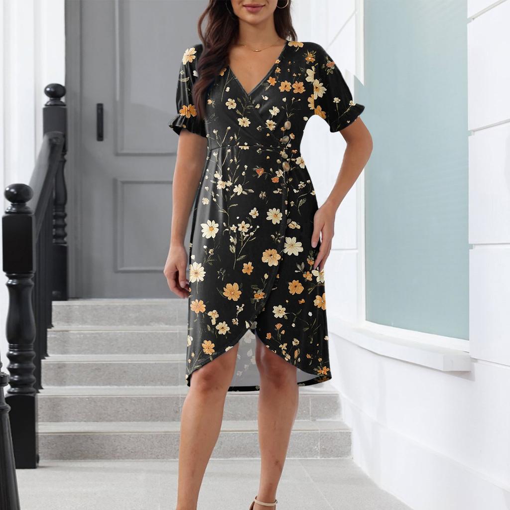 Beach Dresses For Women Spring Summer Elegant Wrap V Neck Floral Boho Dress Flowy Ruched Hawaiian Maxi Dress