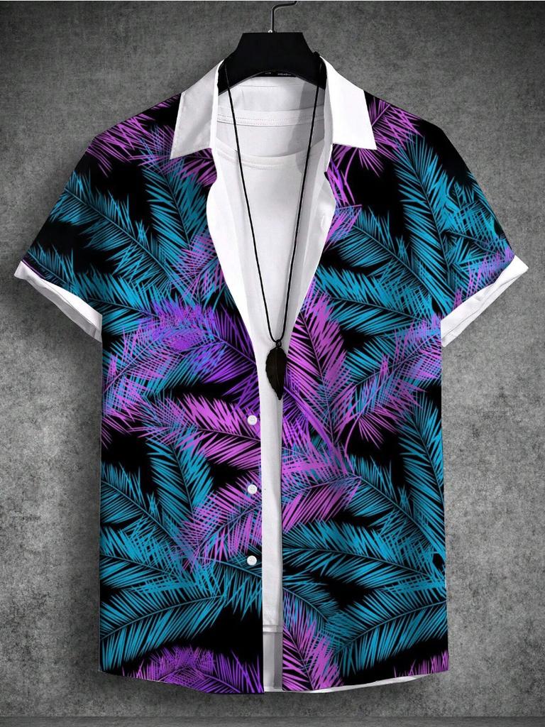 Summer 3d Print Men'sShirt Tropical Hawaiian Beach Vacation Plant Coconut Tree Short Sleeve T-Shirt 4-Way Stretch Fabric Shirt